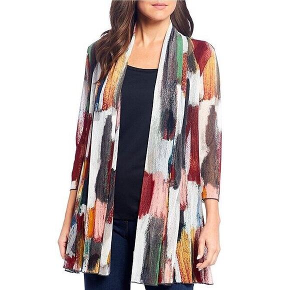 Ali Miles Black Red Geometric Artsy Abstract Shawl Neckline Cardigan Sheer Sz. S - Picture 2 of 14